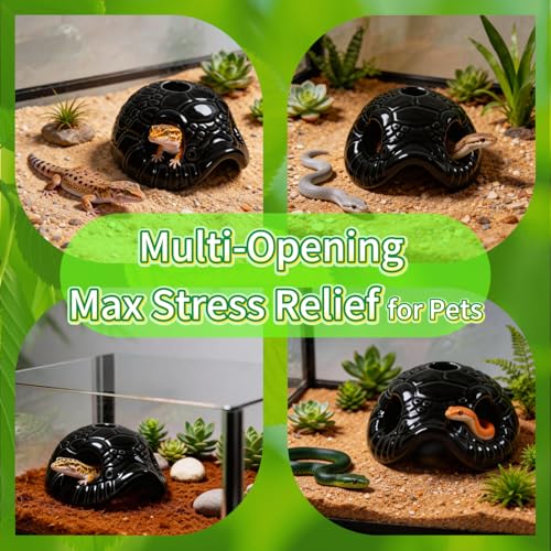 Snake Head Reptile Hide Cave, Black | Small Ceramic, Gecko Hideout with Water Reservoir, Mini Terrarium Decor, For Juvenile Snake, Lizard, Frog - color: Black