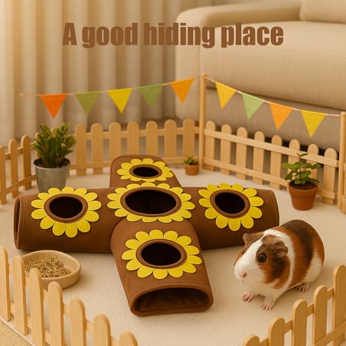 Guinea Pig Hideout and Toys, 4-Way Collapsible Small Pet Tunnels and Tubes with Sunflower Peepholes for Bunny Rabbit Ferret Hamster Chinchilla Hedgehog Hiding and Resting, 26.4in Long，Brown