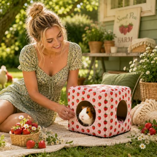 Guinea Pig Hideout House with Removable Cushion, Washable Small Animal Cube Bed, Cozy Bunny Hideaway for Guinea Pigs, Chinchillas, Hedgehogs, Hamsters & Dwarf Rabbits - color: Pink Strawberry