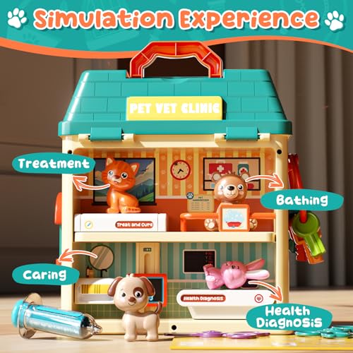 Lehoo Castle Critter Clinic with Key, Pretend Play Doctor Toys for Kids 3-5 | Vet Playset for Toddlers, Animal Hospital with 4 Rooms, 4 Matching Keys, 4 Pets, Medical Accessories, Preschool Toys