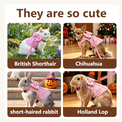 Rabbit Harness and Leash Set Escape Proof Plaid Bunny Vest with Bow Tie Breathable Mesh Harness Dual D Rings Adjustable Leash for Rabbit Guinea Pig Ferret Walking Training (Pink, S) - color: Pink, size: S