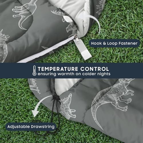 Wake In Cloud - Kids Sleeping Bag for Boys Toddlers, Camping in Warm Cold Weather, Backpacking Lightweight Compact Outdoor Liner for 3 Seasons, Dinosaur Sketch - color: Dark Gray