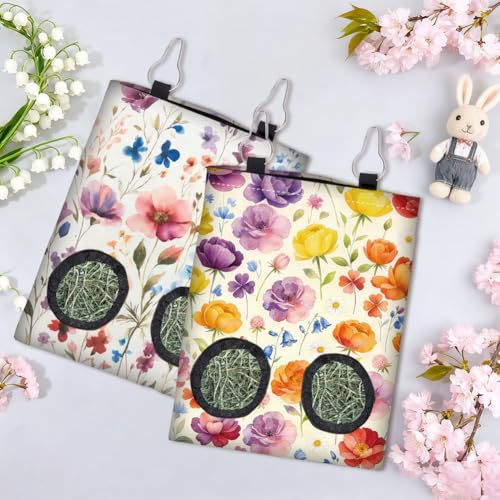 2Pcs 2 Styles Guinea Pig Hay Feeder Rabbits 11.6 x 9.1 Inch, Hanging Hay Feeder Bag Cloth Washable Flowers Feeding Storage Holder with 2 Holes for Bunny Chinchillas Hamsters Small Animals - color: Flower-1