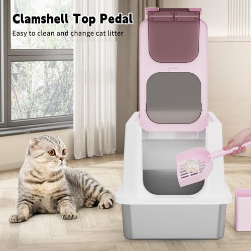 RIZZARI Stainless Enclosed Litter Box: with Scoop & Odor Control | 304 Stainless Basin / Wide Top Opening / Privacy Enclosure / Top & Swing Dual Entry / Anti-Leakage Raised Rim - color: Pink, size: 23.8"L*15.9"W*16.1"H
