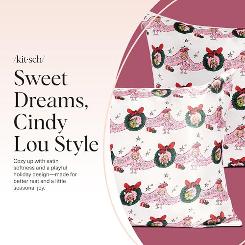 The Grinch x Kitsch Satin Pillowcase with Zipper for Hair & Skin - Softer Than Silk Pillow Cases, Cooling Satin Pillow Case, Machine Washable, Wrinkle-Free Pillow Cases Standard Size 19x26 - Cindy Lou - color: Cindy Lou, size: Standard/Queen (1 Pack)