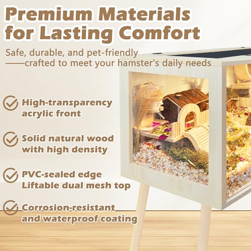 Prolee Hamster Cage with Curved Design,Chew Proof Wooden Hamsters Enclosure with Leg Stand and Openable Top or Gerbils,Hamster Habitat - size: 32.0"L x 16.0"W x 16.0"H