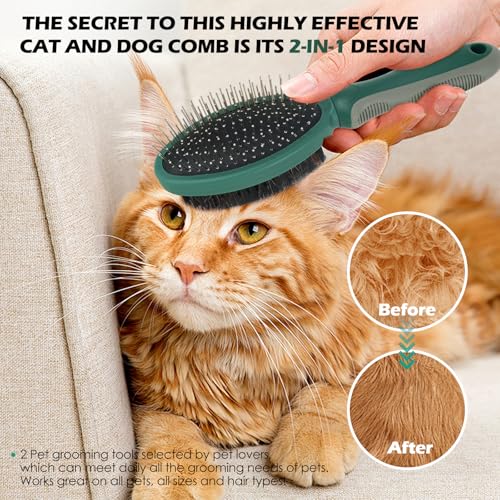 2PCS Pet Grooming and Deshedding Tools | 2-In-1 Double-Sided Cat Brush for Shedding and Bathing, Dogs & Cats Shedding Comb for Long and Short Haired Dogs Cats - color: Green