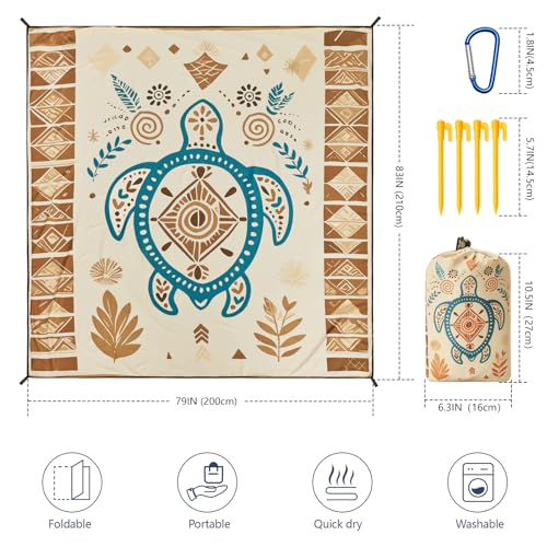 WIWIGO Beach Blanket Mat Waterproof Sandproof for 2-8 Adults Quick Drying | Extra Large, For 2-8 Adults,Windproof, Outdoor Picnic Mat, Beach Accessories Must Have,Gifts, for Travel, Camping, Hiking - color: Beige Sea Turtle - Geometric, size: 79" X 83"（1-