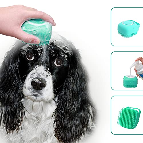 Pet Grooming Bath Massage Brush with Soap and Shampoo Dispenser Soft Silicone Bristle for Long Short Haired Dogs Cats Shower (Blue) - color: Blue