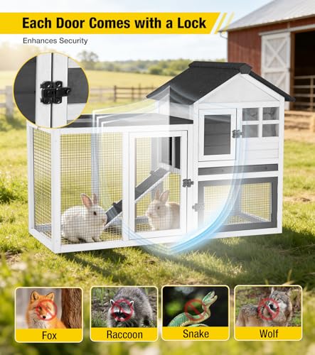 Aivituvin Two-Tier Rabbit Hutch Outdoor Bunny Cage Indoor with Weatherproof Roof Rabbit Cage with Chew-Proof Ramp and Pull-Out Tray for for Small Animals Black and White