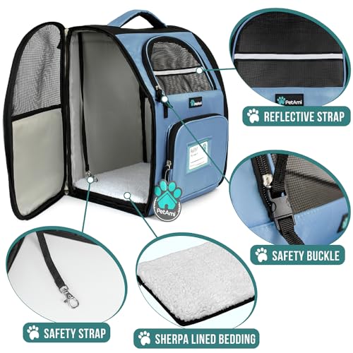 PetAmi Dog Backpack Carrier Airline Approved Cat Pet Puppy Bag, Light Blue | Ideal for Small Medium Large Pet up to 18 lb, 2 Side Entry Structured No-Collapse Frame, Ventilated Bookbag for Hiking Travel - color: Light Blue
