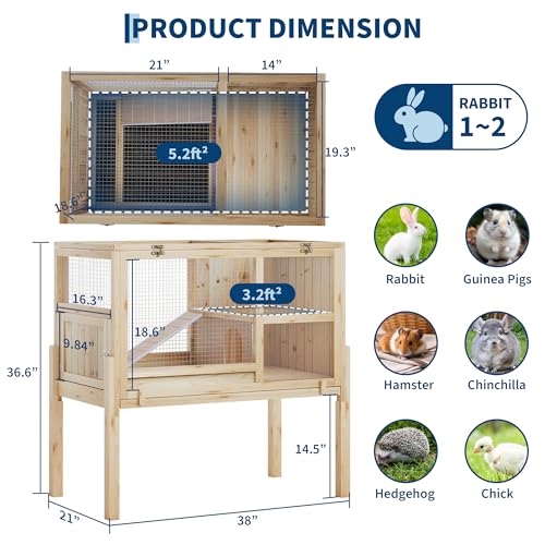 Garvee Wooden Guinea Pig Cage Indoor with Stand, 2-Story Rabbit Hutch | 38" Hamster Hutch w/ Ramp & Hideout, Clear Vision, Leak-Proof Pull-Out Tray, Lockable Door, Bunny Habitat Wood color - color: Wood color