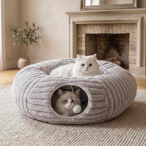 Dogpals Cat Tunnel Bed Cave 33" Lx10 Wx10 H for Indoor Cats(Grey) | Washable Cozy Cushion, Soft Striped Plush Fabric, Hideaway Peekaboo Cave for Kittens, Puppies, Rabbits & Small Pets - color: Grey