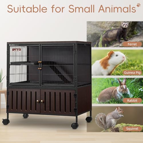 HABUTWAY 36.5''H Metal Large Ferret Cage, Rolling Chinchilla Cage with Removable Ramps& Double Door, with Locker, Small Animal Cage, Rat Indoor Wooden Pet Crate Furniture