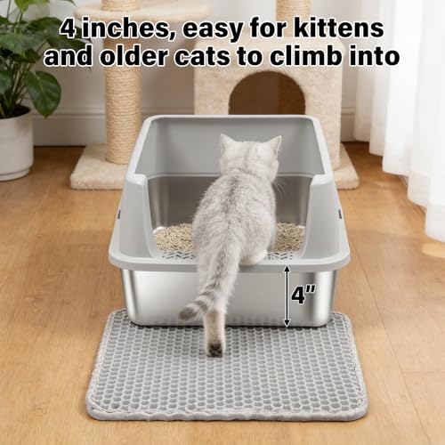 Stainless Steel Litter Box with Lid,Cat Litter Box for Kitten | Metal Kitty Litter Box for Small Cats,Non-Stick,Anti-Leakage,Easy to Clean,Include Scoop and Mat - size: M:17.5x13.6x8inch with Lid