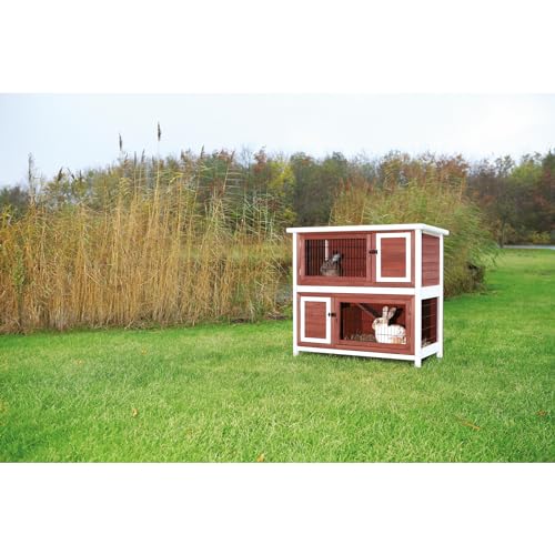 TRIXIE natura Outdoor Double Rabbit Hutch - Indoor Small Animal House, Bunny Cage with Two Sleeping & Play Areas - Includes a Non-Slip Ramp Hinged Roof & Two Pull-Out Trays - in Auburn - style: 2-Story Rabbit Hutch, Brown/White