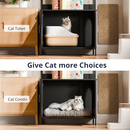 Cozy Castle Cat Litter Box Enclosure with Storage, 57'' Hidden Cat House Furniture, Wooden Cat Cabinet with Shelves & 4 S-Hooks, Indoor Cat Litter Box Organizer, Black - color: Black