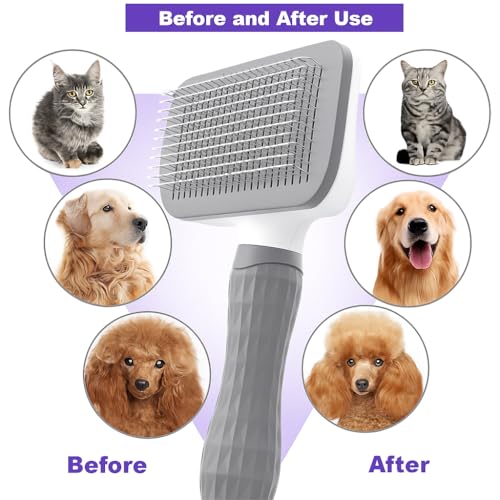 Generic Pet Grooming Brush, Gray - Self Cleaning Dematting Comb for Cats and Dogs, Bristles with Massage Particles, Ergonomic Handle Design, Easy to Use, for Long or Short Hair Breeds, Stainless Steel - color: Gray