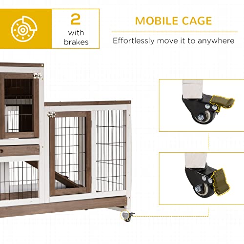 PawHut Wooden Rabbit Hutch Elevated Bunny Cage Indoor Small Animal Habitat with Enclosed Run with Wheels, Ramp, Removable Tray Ideal for Guinea Pigs, Brown | Small Animal Habitat, Enclosed Run, Wheels, Ramp, Removable Tray - color: Brown