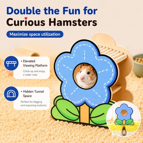Hamster Hideout with Climbing Platform, Wooden Tunnel House | Hidden tunnel and elevated viewing deck encourage climbing and exploring. Suitable for hamsters, gerbils and mice