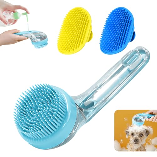 3Pcs Dog Bath Brush, Dog Scrubber for Bath, Dog Shampoo Brush Bubble Maker, Dog Paw Washer, dog grooming Massage Brush with Adjustable Ring Handle, dog accessories for Short & Long Hair -Blue - color: Blue