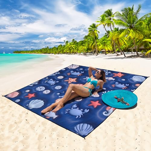 WIWIGO Beach Blanket Mat Waterproof Sandproof for 2-8 Adults Quick Drying | Extra Large, For 2-8 Adults,Windproof, Outdoor Picnic Mat, Beach Accessories Must Have,Gifts, for Travel, Camping, Hiking - color: 3d - Ocean Deep Blue, size: 79" X 83"（1-4person）
