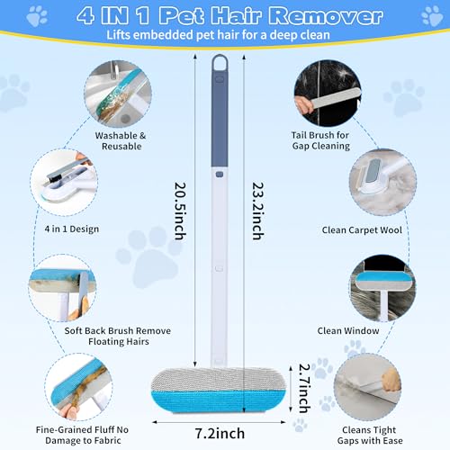 Pet Hair Remover for Furniture – 23.2Inch Reusable Dog & Cat Hair Removal Brush, Washable Lint Cleaner with Long Handle, 4-in-1 Pet Hair Remover for Couch, Carpet, Clothes & Bedding