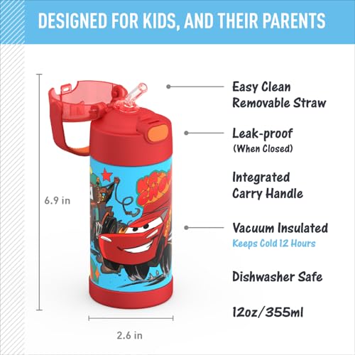 THERMOS FUNTAINER Water Bottle with Straw, 12oz, Cars | Kids Stainless Steel Insulated Water Bottle, Keeps Drinks Cold Longer for School & Play, BPA-Free - color: Cars, size: 12 Ounces