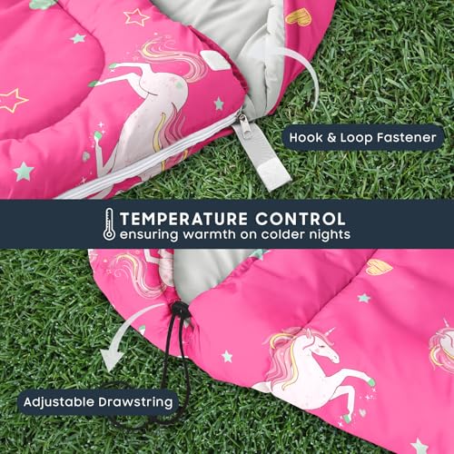 Wake In Cloud - Kids Sleeping Bag for Girls Toddlers, Camping in Warm Cold Weather, Backpacking Lightweight Compact Outdoor Liner for 3 Seasons, Unicorns Stars Hearts - color: Hot Pink
