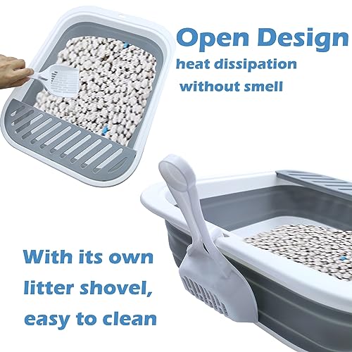 Collapsible Small Cat Litter Box,Open Top Cats Litter Pan with Scoop Waterproof & Foldable Kitten Potty Toilet Anti-Splashing Low Entry Kitty Travel Litter Tray Semi-Enclosed Easy Clean(Gray) - color: 【Gray】