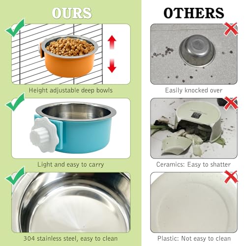 Tfwadmx 6 Pcs Crate Dog Bowl Cat Removable Stainless Steel Food and Water Feeder Hanging Cage Bowls Coop Cup with Cleaning Set for Pet Puppy Bird Rat Guinea Pig Ferret Bunny Rabbit - color: navy,blue,yellow,orange,pink,green (6 PCS)