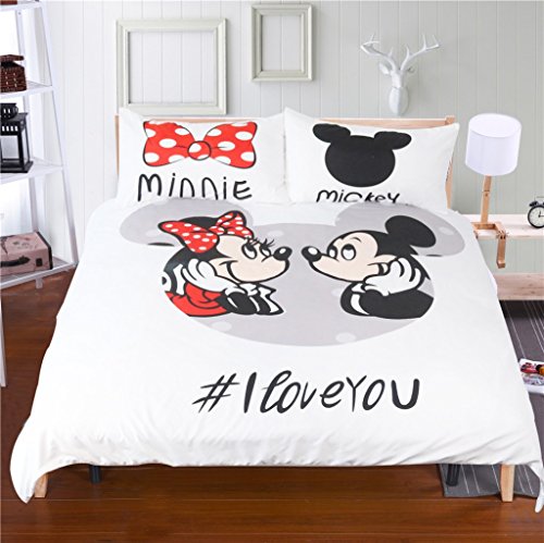 Microfiber Reversible Printing Minnie&Mickey Couples Duvet Cover 3PCS Bedding Set with Zipper Closure - Ultra Soft Lightweight and Easy Care, Queen - color: White3, size: Queen