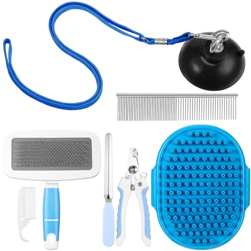 Baderke 6 Pcs Dog Grooming Set with Dog Bathing Leash with Suction Cup, Pin Comb, Straight Comb, Nail Clippers Set, and Bath Brush for Pet Bathing Shower Grooming