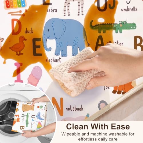 Basumee Splat Mat for Under High Chair, Waterproof & Mess-Proof Floor Mat | 46"×42" Baby Splash Mat, Non Slip Bottom, 4-Layer Fabric, Food & Liquid Catcher, Machine Wash for Boy Girl, Meals, BLW, Craft - color: Animal Alphabet, size: 46x42 Inches
