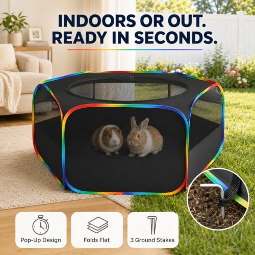 Small Animal Playpen, Chick Brooder Box, Guinea Pig Hamster Indoor Playpens & Outdoor Pet Cage Tent with Cover Top, for Kitten/Ferret/Hedgehog/Rabbit/Duckling, Black & Rainbow