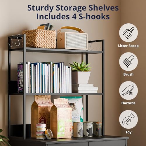 Cozy Castle Cat Litter Box Enclosure with Storage, 57'' Hidden Cat House Furniture, Wooden Cat Cabinet with Shelves & 4 S-Hooks, Indoor Cat Litter Box Organizer, Black - color: Black