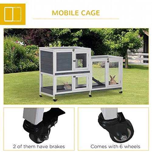 PawHut Wooden Rabbit Hutch Bunny Hutch Elevated Pet House Cage Small Animal Habitat with No Leak Tray Lockable Door Openable Top for Indoor 57.75" x 18" x 32.5" Grey | Elevated Pet House Cage, Small Animal Habitat, No Leak Tray, Lockable Door, Openable To