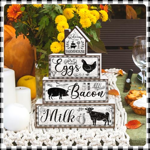 Tiered Tray Decor Set, 4 Pcs, Wooden, for Home Kitchen, Rustic | Farm Animal Rooster, Farmhouse Rustic Summer Coffee Table Centerpieces Office Decorations - style: Farm Animal