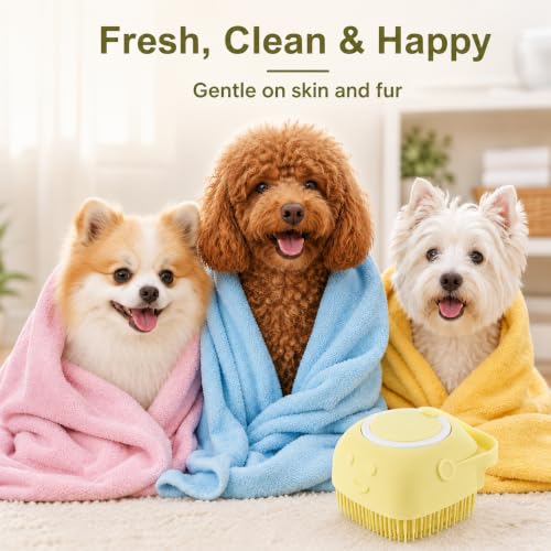 Dog and Cat Bath Brush with Shampoo Dispenser, Silicone Pet Grooming Brush for Dogs Cats, Soft Massage Scrubber for Bath, Easy Clean Ergonomic Pet Shower Brush for Small Medium Pets Yellow - color: Yellow