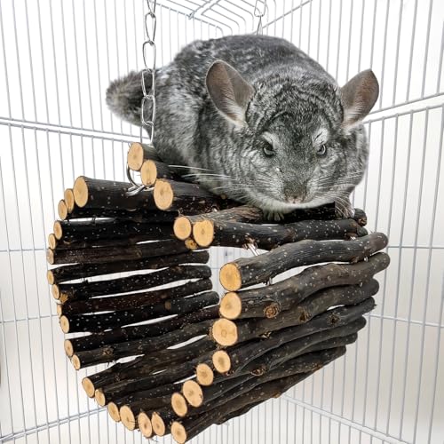 BNOSDM Cage Accessories 6 Packs Wood Sugar Glider Toys Hanging Cage Ladder Perch Stand Climbing Platform and 5.9"X 5.9" Size M Chinchilla Hanging Tunnel Toy Adjustable Metal Chain Natural Fruitwood