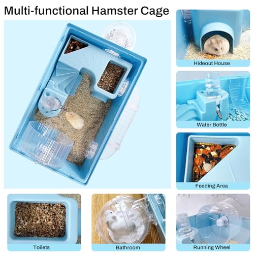 Tfwadmx Dwarf Hamster Cage,Acrylic Rat Cage,Hamster Home Small Animal Cages with Tube Exercise Wheel Mouse Habitat for Gerbils Mice 17.7”x11”x11.8”, Blue - color: Blue