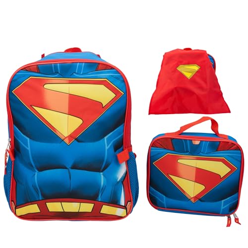 AI ACCESSORY INNOVATIONS Superman 2 Piece Backpack Set, Boys 16" Superhero School Bag with Detachable Cape, Lunch Box - color: Superman