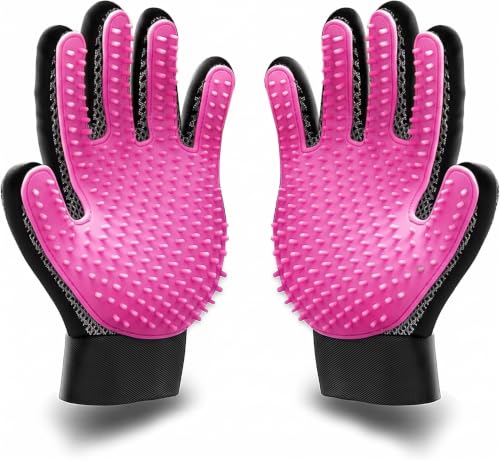 BYETOO Pet Dog Cat Grooming Glove with 261Tips,Gentle Deshedding Brush Glove,Efficient Pet Hair Remover Mitt,Massage Tool with Enhanced Five Finger Design,for Dog,Cat,Rabbit,Horse with Long/Short Fur - color: Pink