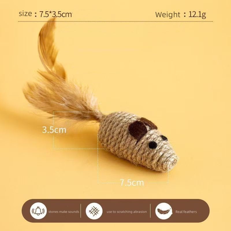 3 Pack Cat Mice Toys with Feather Tail Rattling Noise Sound Natural Sisal Cat Balls Toys Teeth Cleaning Dental Chew Toys Interactive Cat Mice Toy Mice Cat Toys for Indoor Cats
