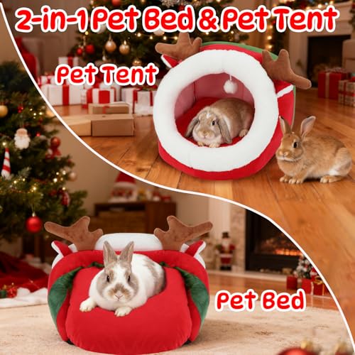 YUEPET Christmas Pet Bed, Reindeer Cave, Bunny Hideout, Guinea Pig Hideout | Semi-Closed Reindeer Cave, Warm Plush Fabric, Removable Cushion, Washable Bed, Anti-Slip Base, Size S, 13.8 in