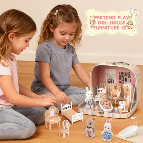 TUZT Suitcase Dollhouse Furniture Set for Kids, Mini Dollhouse Box with 2 Flexible Dolls and Bedroom&Bathroom Furnitures, Pretend Play Accessories Christmas Birthday Gift for Toddlers Ages 3+ - style: Bathroom