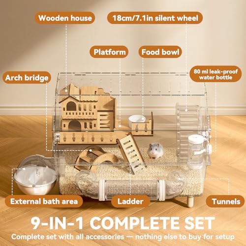 9 in 1 Acrylic Hamster Cage, Clear Dwarf Hamster Cage, with Tubes and All Accessories, 2-Tier Mouse Habitat, Easy to Clean, Suitable for Small Pets (Transparent)