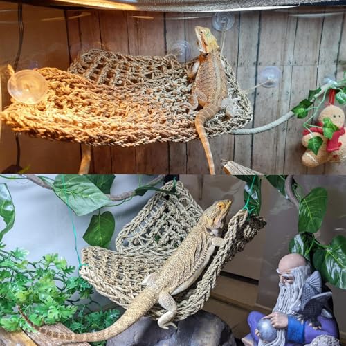 PINVNBY Bearded Dragon Hammock with Suction Cups,Lizard Lounger Natural Seagrass Reptiles Hammocks Reptile Tank Accessories Jungle Plants Climber Vines Leaves Habitat Decor for Lizards Chameleon Gecko