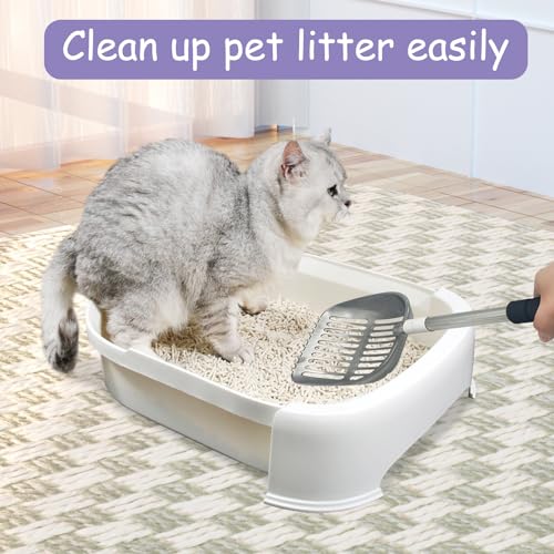 PINVNBY Cat Litter Scooper, Long Handle Litter Sifter Scoop with Litter Scoop Holder Stainless Steel Kitten Scooper Deep Kitty Litter Scooper with Box Metal Detachable Sifting Litter Shovel Set - color: Silver