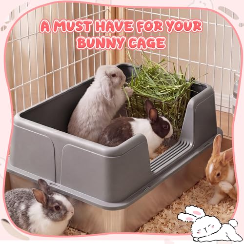 Zonon Extra Large Rabbit Litter Box, 23.6" L x 15.7" W x 12.4" H Stainless Steel Rabbit Litter Box with Lid, Hay Feeder with Hooks, Footed Metal Grid, Easy to Clean for Medium and Large Rabbits